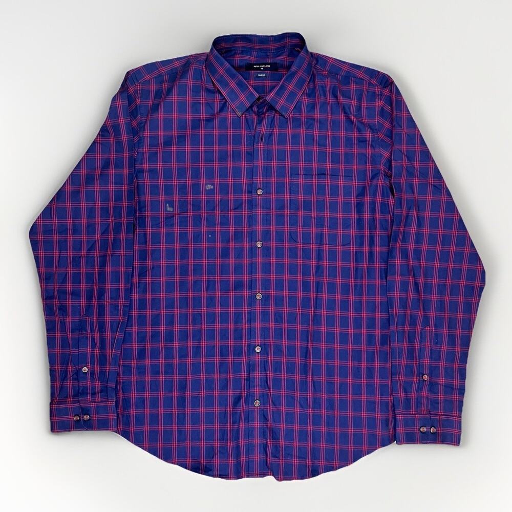 Peter England Shirt Men’s XL 42 Slim Fit Button Down Long Sleeve Red Plaihy